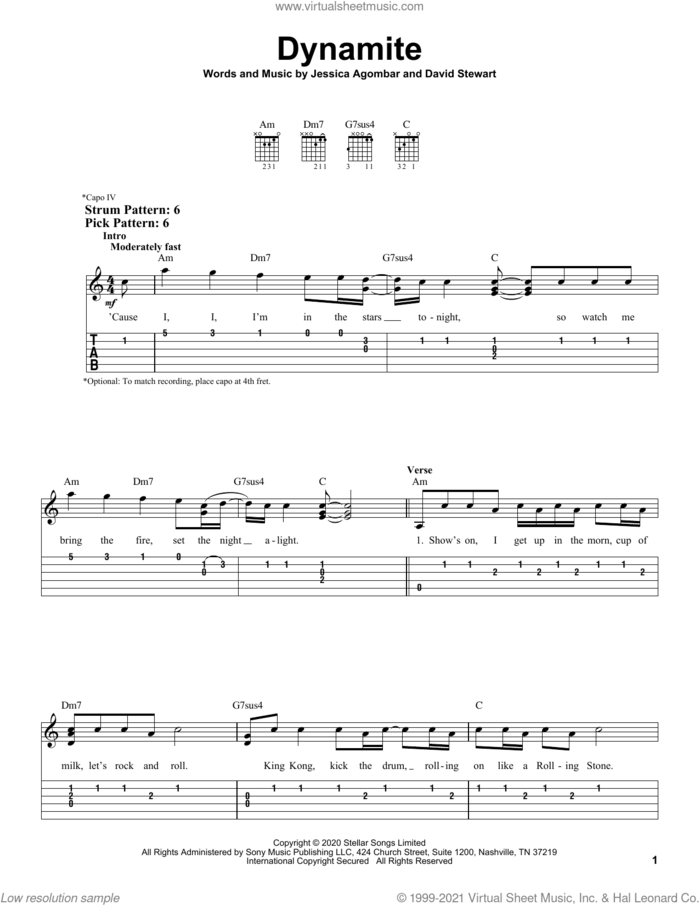 Dynamite sheet music for guitar solo (easy tablature) by BTS, Dave Stewart and Jessica Agombar, easy guitar (easy tablature)