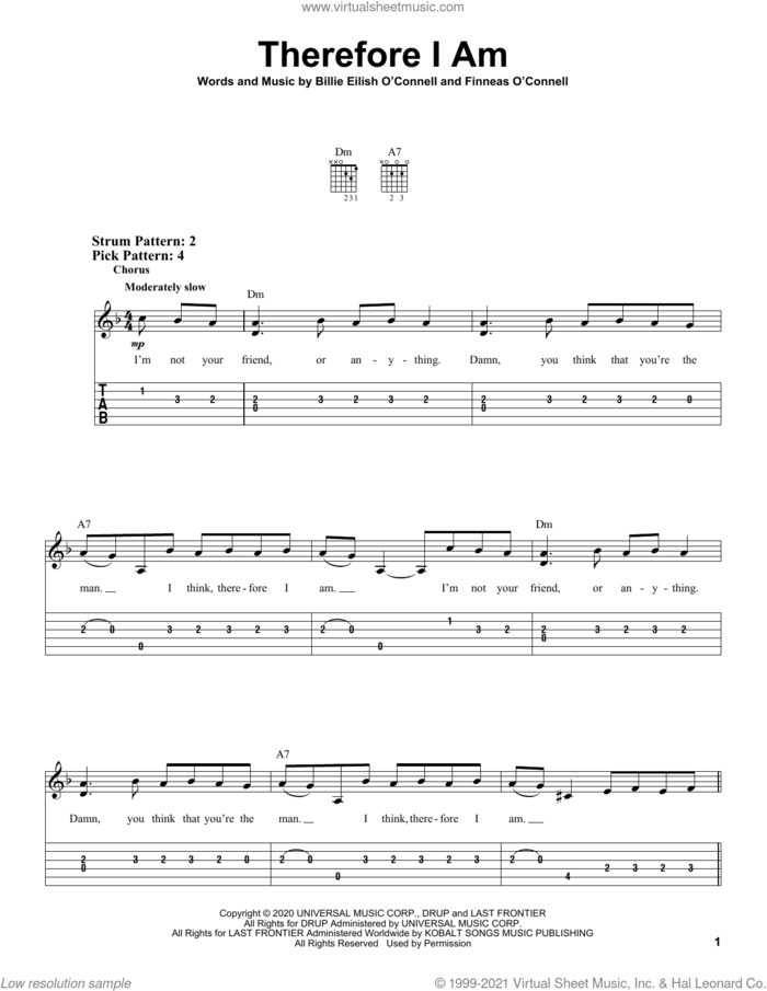 Therefore I Am sheet music for guitar solo (easy tablature) by Billie Eilish, easy guitar (easy tablature)