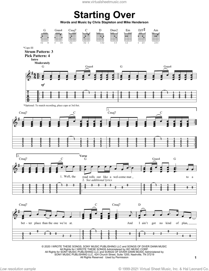 Starting Over sheet music for guitar solo (easy tablature) by Chris Stapleton and Mike Henderson, easy guitar (easy tablature)