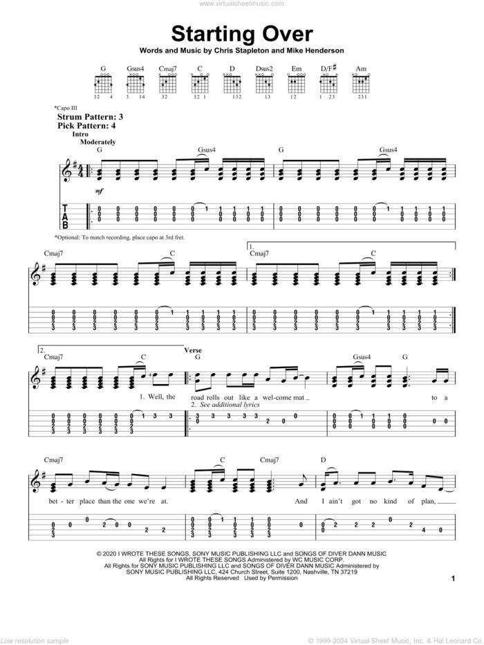 Starting Over sheet music for guitar solo (easy tablature) by Chris Stapleton and Mike Henderson, easy guitar (easy tablature)