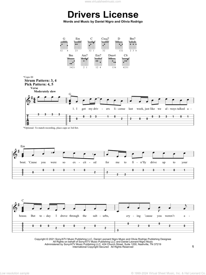 drivers license sheet music for guitar solo (easy tablature) by Olivia Rodrigo and Daniel Nigro, easy guitar (easy tablature)