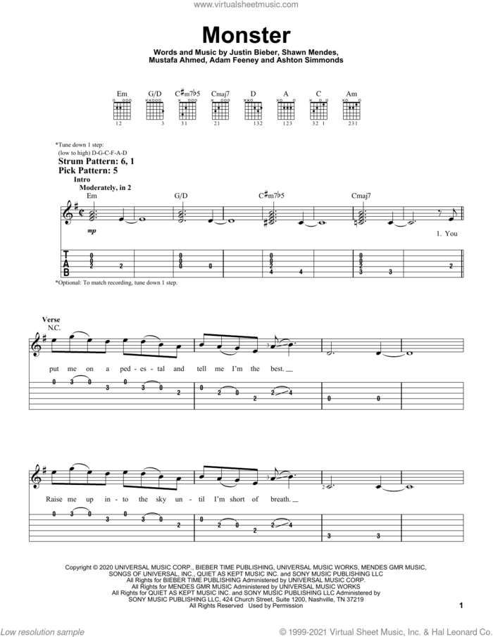 Monster sheet music for guitar solo (easy tablature) by Shawn Mendes & Justin Bieber, Adam Feeney, Ashton Simmonds, Justin Bieber, Mustafa Ahmed and Shawn Mendes, easy guitar (easy tablature)