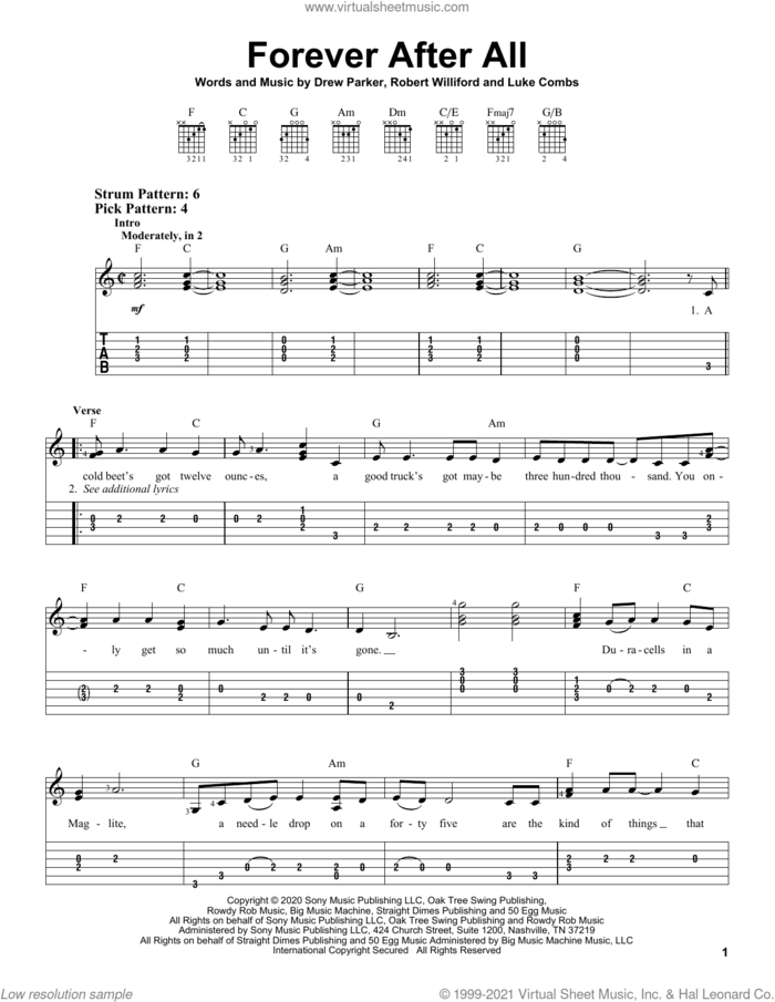 Forever After All sheet music for guitar solo (easy tablature) by Luke Combs, Drew Parker and Robert Williford, easy guitar (easy tablature)