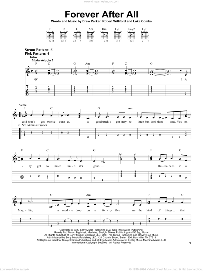 Forever After All sheet music for guitar solo (easy tablature) by Luke Combs, Drew Parker and Robert Williford, easy guitar (easy tablature)