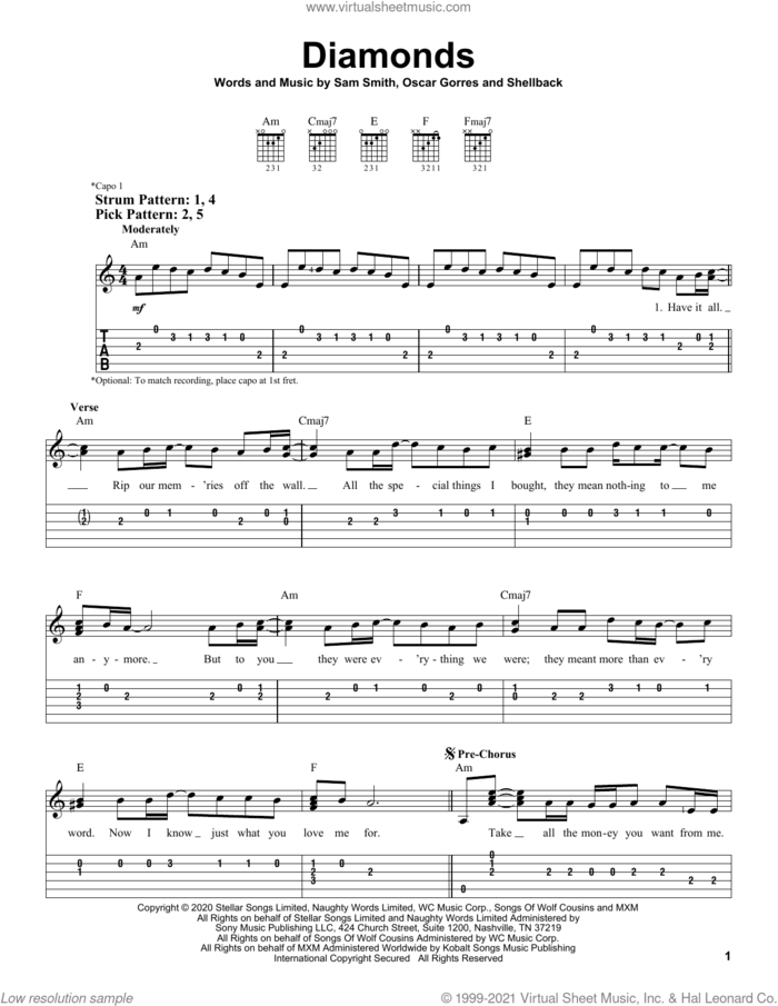 Diamonds sheet music for guitar solo (easy tablature) by Sam Smith, Oscar Gorres and Shellback, easy guitar (easy tablature)