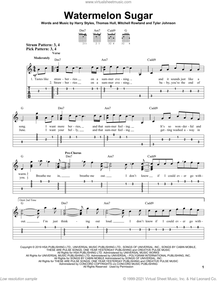 Watermelon Sugar sheet music for guitar solo (easy tablature) by Harry Styles, Mitchell Rowland, Tom Hull and Tyler Johnson, easy guitar (easy tablature)