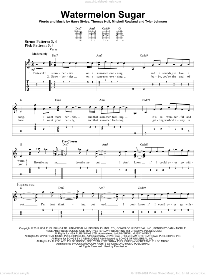 Watermelon Sugar sheet music for guitar solo (easy tablature) by Harry Styles, Mitchell Rowland, Tom Hull and Tyler Johnson, easy guitar (easy tablature)