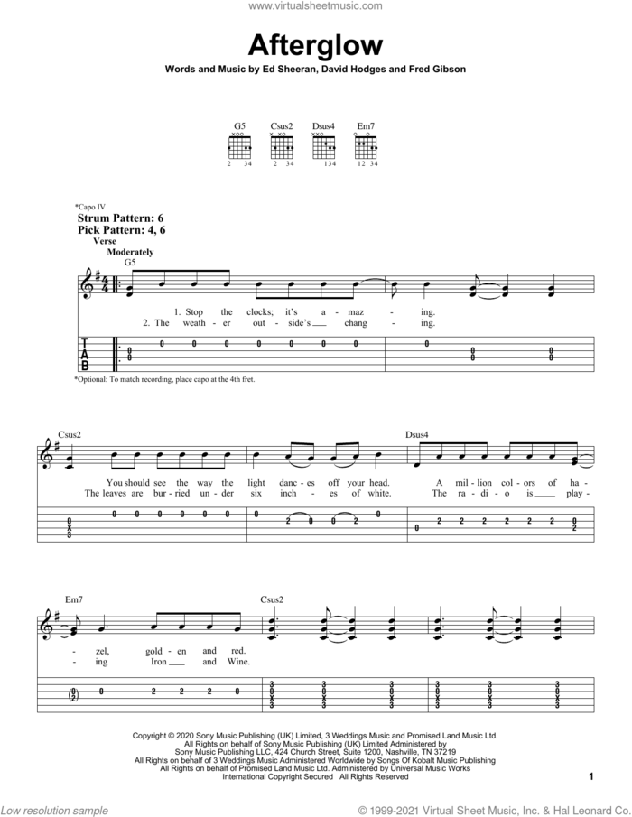 Afterglow sheet music for guitar solo (easy tablature) by Ed Sheeran, David Hodges and Fred Gibson, easy guitar (easy tablature)