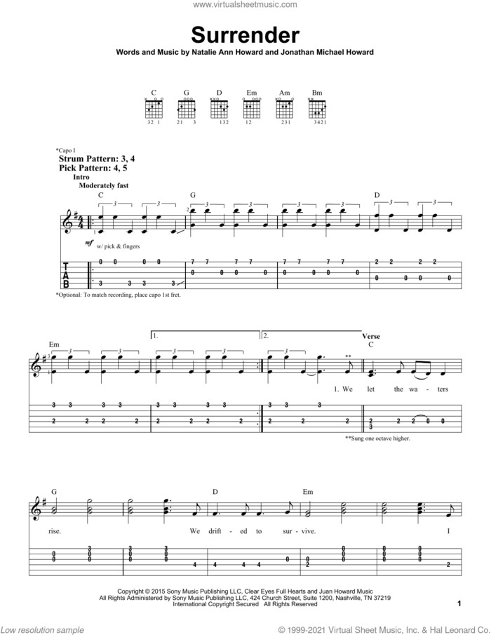 Surrender sheet music for guitar solo (easy tablature) by Natalie Taylor, Jonathan Michael Howard and Natalie Ann Howard, easy guitar (easy tablature)