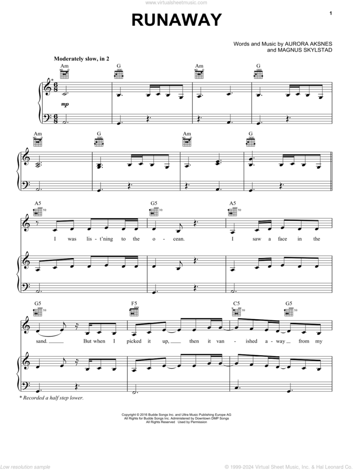 Runaway sheet music for voice, piano or guitar by Aurora, Aurora Aksnes and Magnus Skylstad, intermediate skill level