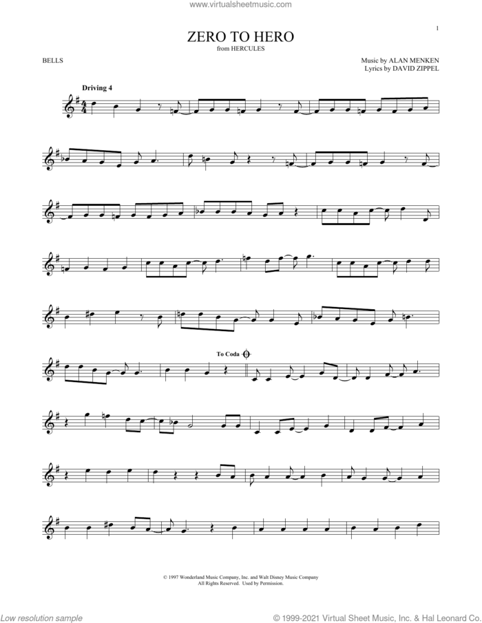 Zero To Hero (from Hercules) sheet music for Hand Bells Solo (bell solo) by Alan Menken and David Zippel, intermediate Hand Bells Solo (bell)