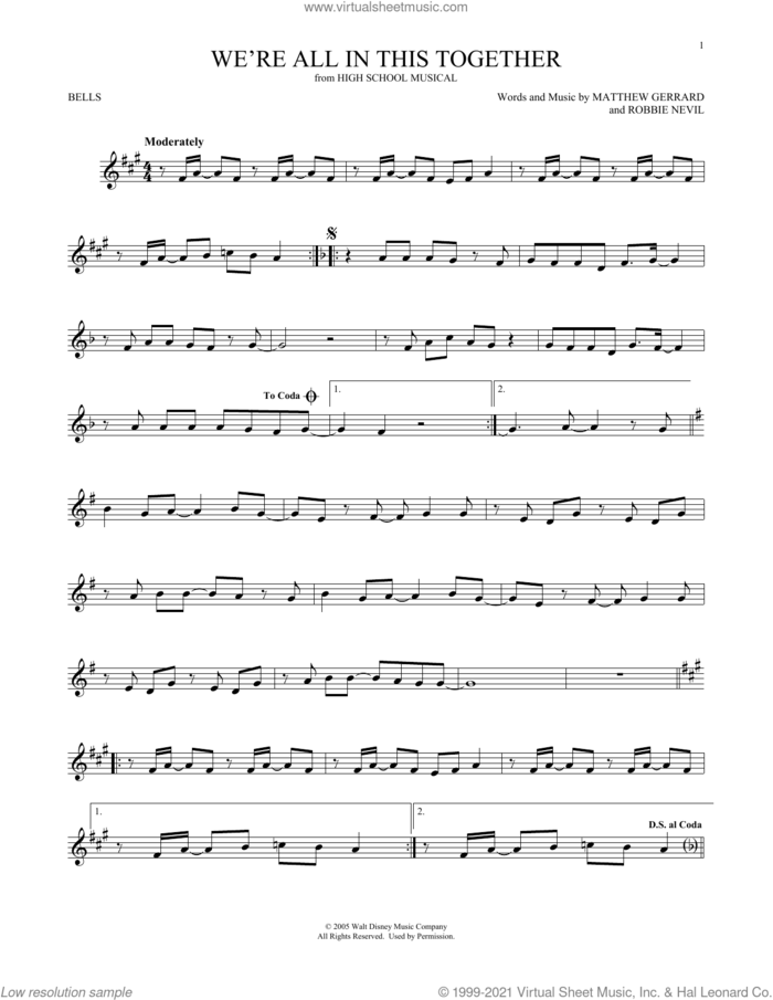 We're All In This Together (from High School Musical) sheet music for Hand Bells Solo (bell solo) by High School Musical Cast, Matthew Gerrard and Robbie Nevil, intermediate Hand Bells Solo (bell)