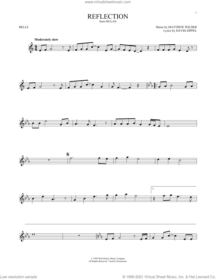 Reflection (from Mulan) sheet music for Hand Bells Solo (bell solo) by Matthew Wilder & David Zippel, David Zippel and Matthew Wilder, intermediate Hand Bells Solo (bell)