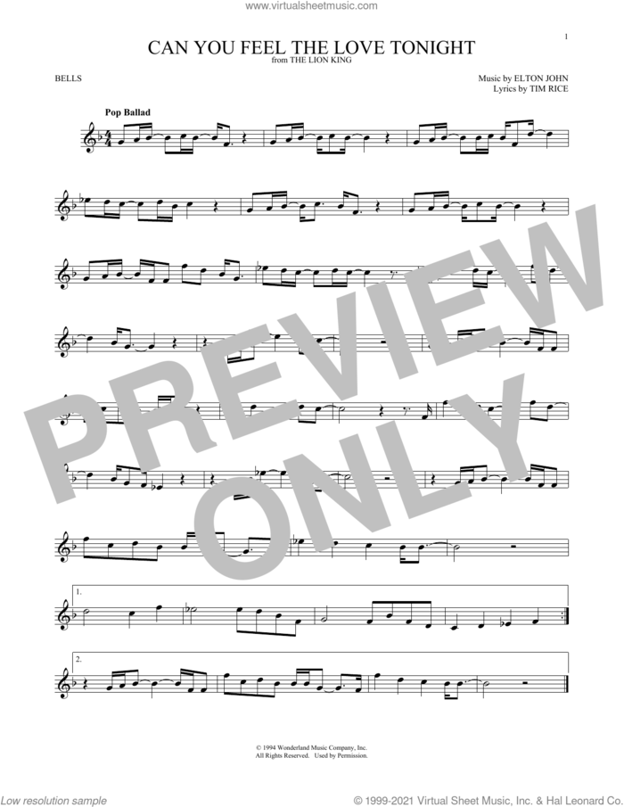 Can You Feel The Love Tonight (from The Lion King) sheet music for Hand Bells Solo (bell solo) by Elton John and Tim Rice, wedding score, intermediate Hand Bells Solo (bell)