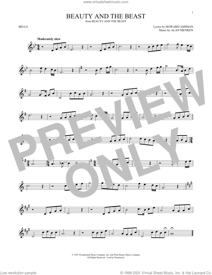 Beauty And The Beast sheet music for Hand Bells Solo (bell solo) by Alan Menken, Alan Menken & Howard Ashman and Howard Ashman, wedding score, intermediate Hand Bells Solo (bell)