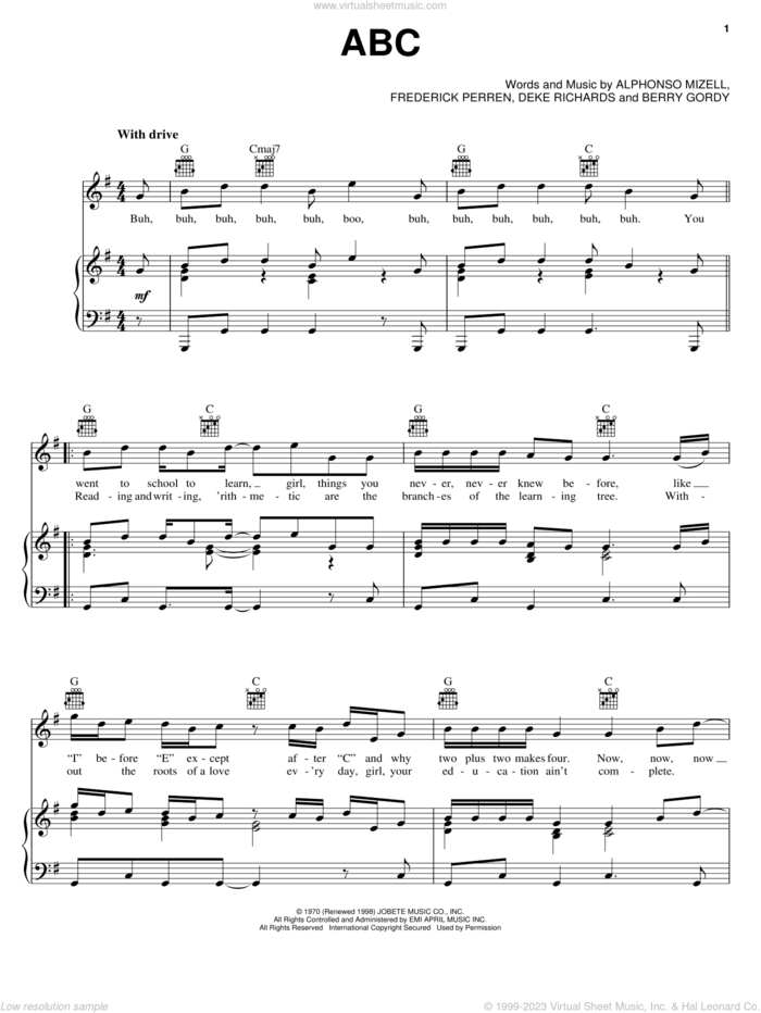 ABC sheet music for voice, piano or guitar by The Jackson 5, Michael Jackson, Alphonso Mizell, Deke Richards and Frederick Perren, intermediate skill level