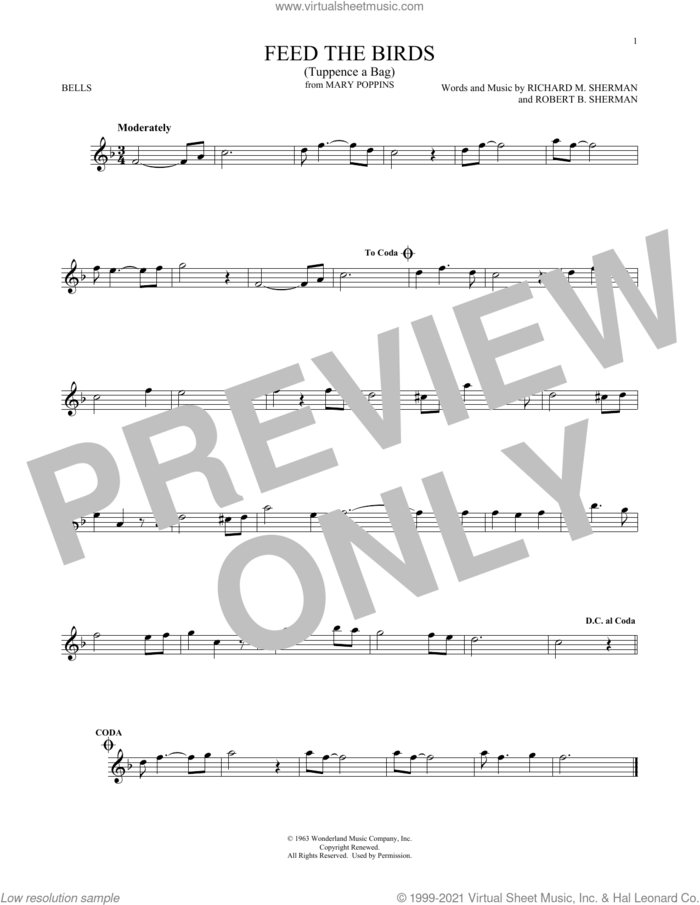 Feed The Birds (Tuppence A Bag) (from Mary Poppins) sheet music for Hand Bells Solo (bell solo) by Richard M. Sherman, Robert B. Sherman and Sherman Brothers, intermediate Hand Bells Solo (bell)