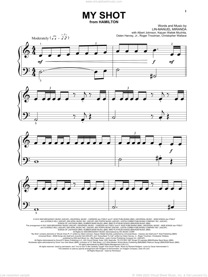 My Shot (from Hamilton) sheet music for piano solo by Lin-Manuel Miranda, Albert Johnson, Christopher Wallace, Kejuan Waliek Muchita, Osten Harvey, Jr. and Roger Troutman, beginner skill level