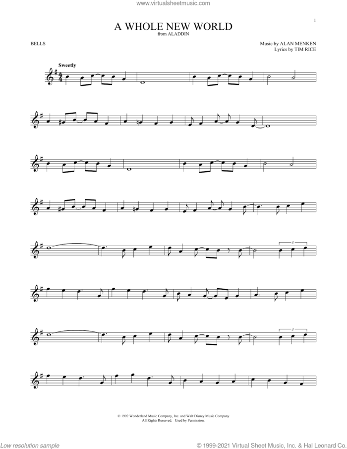 A Whole New World (from Aladdin) sheet music for Hand Bells Solo (bell solo) by Alan Menken, Alan Menken & Tim Rice and Tim Rice, wedding score, intermediate Hand Bells Solo (bell)