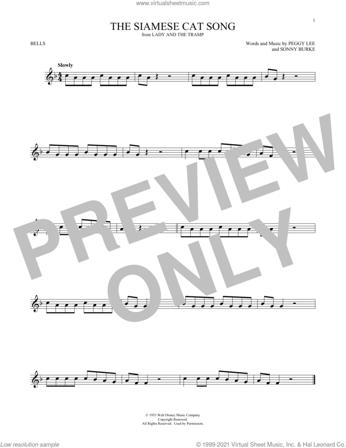 The Siamese Cat Song (from Lady And The Tramp) sheet music for Hand Bells Solo (bell solo) by Peggy Lee and Sonny Burke, intermediate Hand Bells Solo (bell)