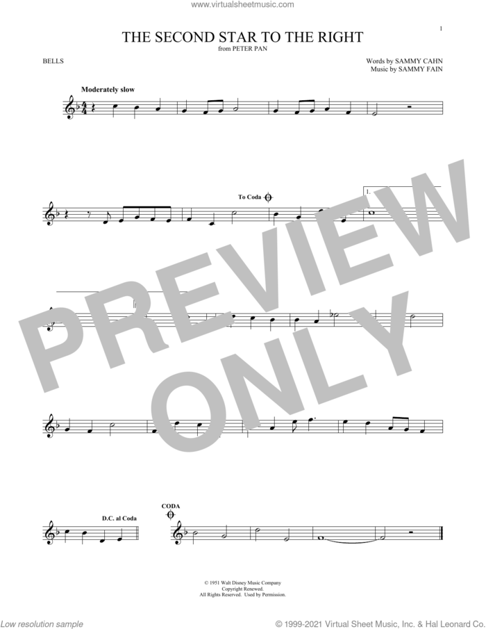 The Second Star To The Right (from Peter Pan) sheet music for Hand Bells Solo (bell solo) by Sammy Cahn & Sammy Fain, Sammy Cahn and Sammy Fain, intermediate Hand Bells Solo (bell)