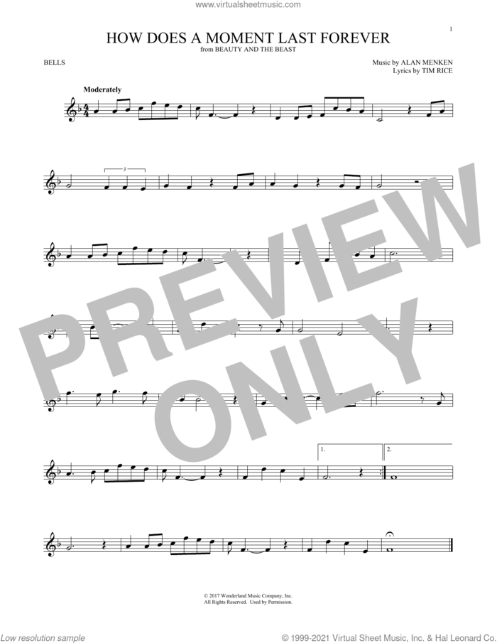 How Does A Moment Last Forever (from Beauty And The Beast) sheet music for Hand Bells Solo (bell solo) by Alan Menken, Celine Dion and Tim Rice, intermediate Hand Bells Solo (bell)