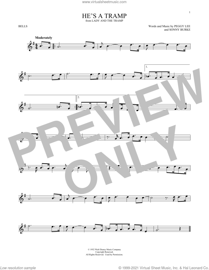 He's A Tramp (from Lady And The Tramp) sheet music for Hand Bells Solo (bell solo) by Peggy Lee and Sonny Burke, intermediate Hand Bells Solo (bell)