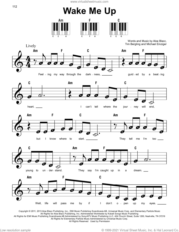 Wake Me Up sheet music for piano solo by Avicii, Aloe Blacc, Michael Einziger and Tim Bergling, beginner skill level