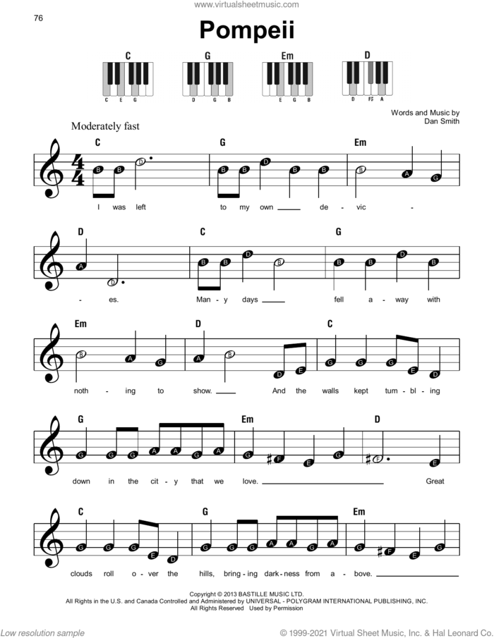 Pompeii sheet music for piano solo by Bastille and Dan Smith, beginner skill level