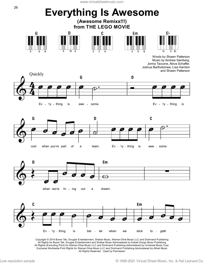 Everything Is Awesome (from The Lego Movie) (feat. The Lonely Island), (beginner) (from The Lego Movie) sheet music for piano solo by Tegan and Sara, Akiva Schaffer, Andrew Samberg, Jorma Taccone, Joshua Bartholomew, Lisa Harriton and Shawn Patterson, beginner skill level