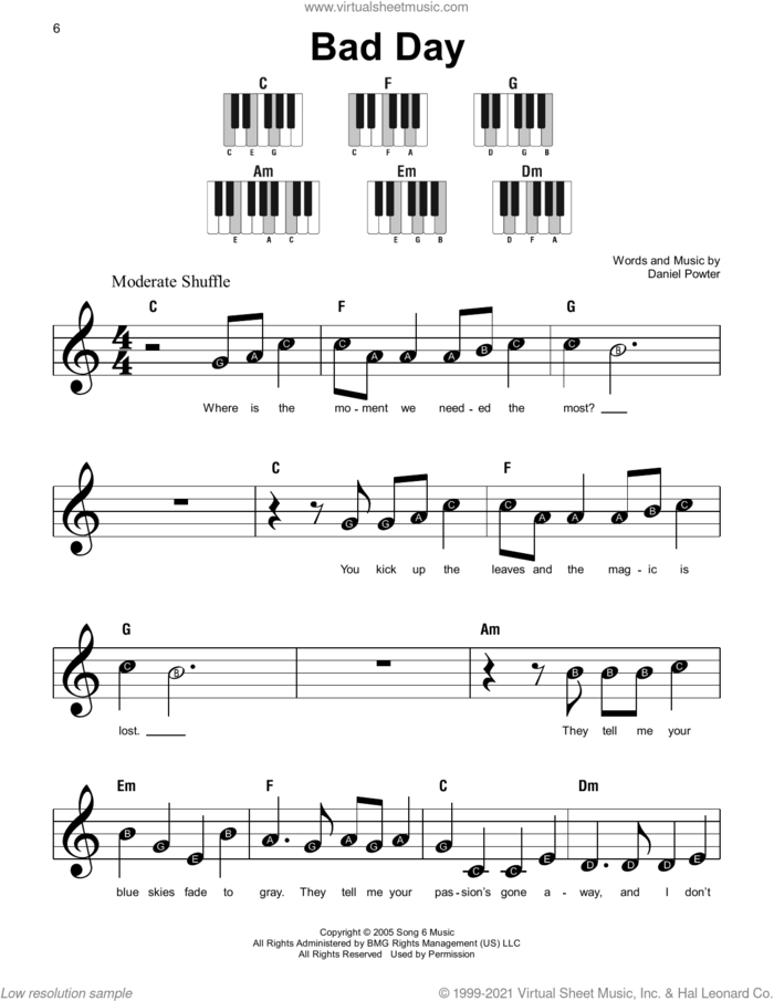 Bad Day sheet music for piano solo by Daniel Powter, beginner skill level