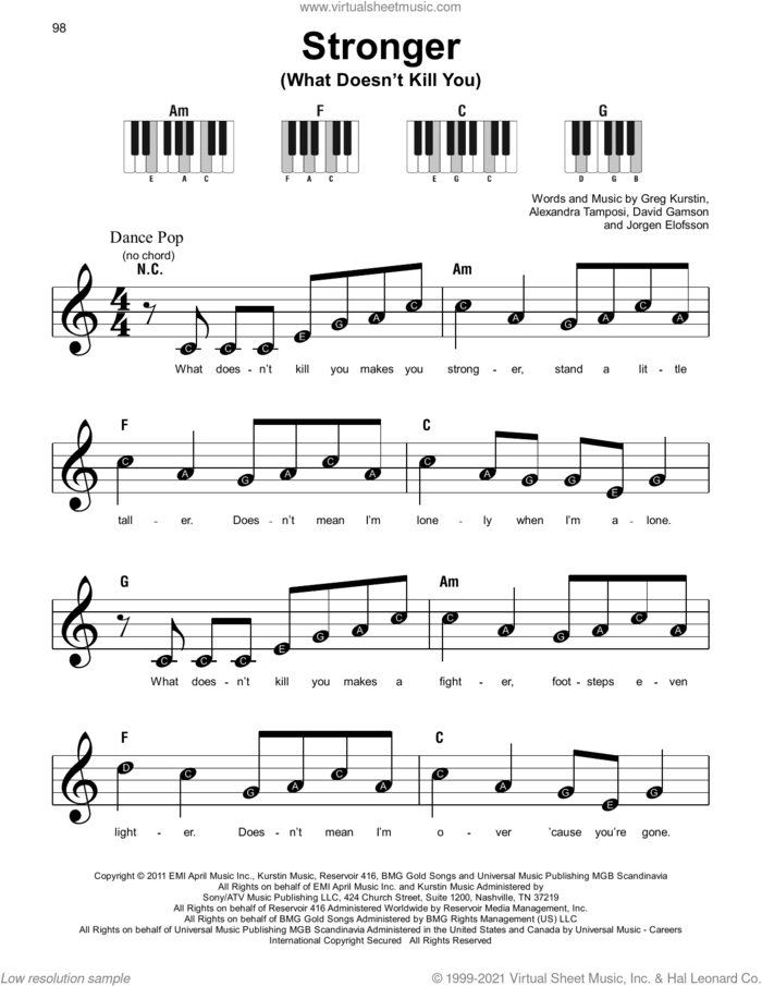 Stronger (What Doesn't Kill You) sheet music for piano solo by Kelly Clarkson, Alexandra Tamposi, David Gamson, Greg Kurstin and Jorgen Elofsson, beginner skill level