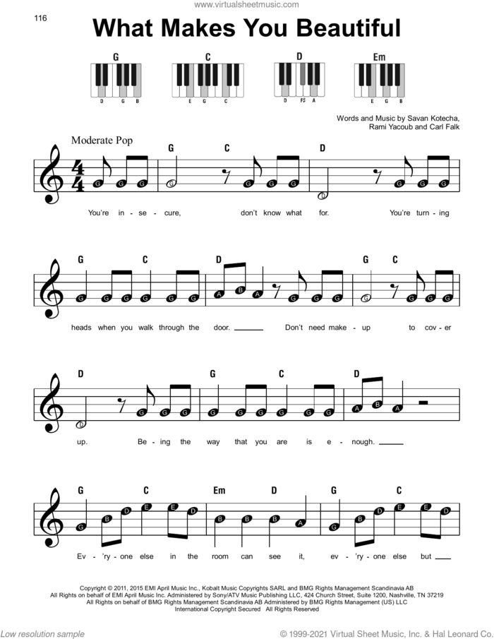 What Makes You Beautiful sheet music for piano solo by One Direction, Carl Falk, Rami and Savan Kotecha, beginner skill level