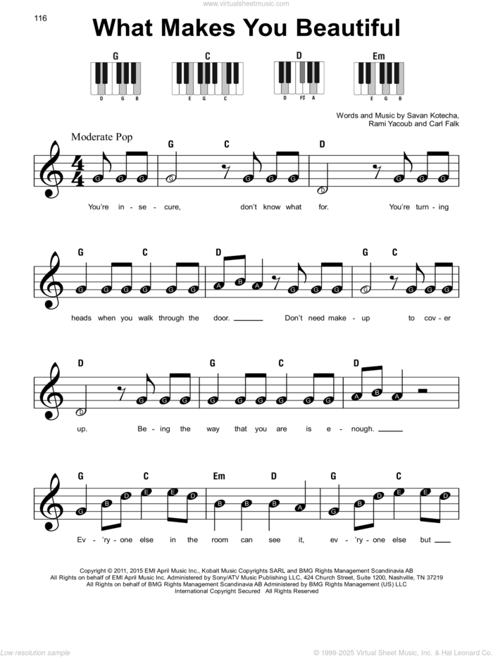 What Makes You Beautiful sheet music for piano solo by One Direction, Carl Falk, Rami and Savan Kotecha, beginner skill level