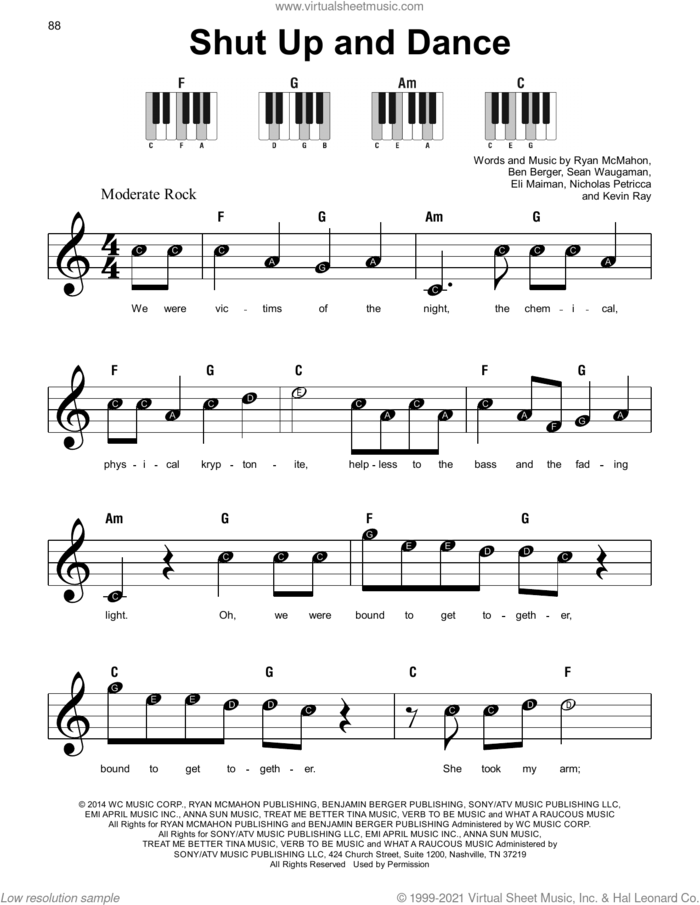 Shut Up And Dance sheet music for piano solo by Walk The Moon, Ben Berger, Eli Maiman, Kevin Ray, Nicholas Petricca, Ryan McMahon and Sean Waugaman, beginner skill level