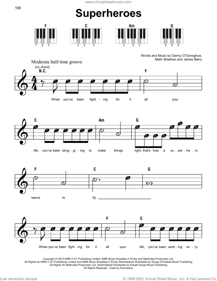 Superheroes sheet music for piano solo by The Script, James Barry and Mark Sheehan, beginner skill level