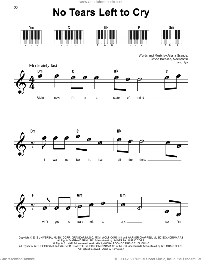 No Tears Left To Cry sheet music for piano solo by Ariana Grande, Ilya, Max Martin and Savan Kotecha, beginner skill level