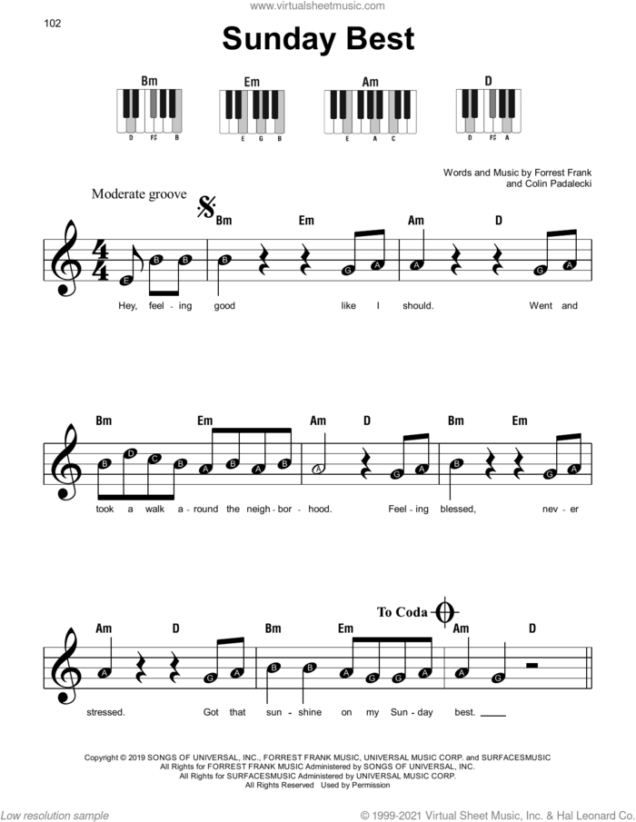 Sunday Best, (beginner) sheet music for piano solo by Surfaces, Colin Padalecki and Forrest Frank, beginner skill level