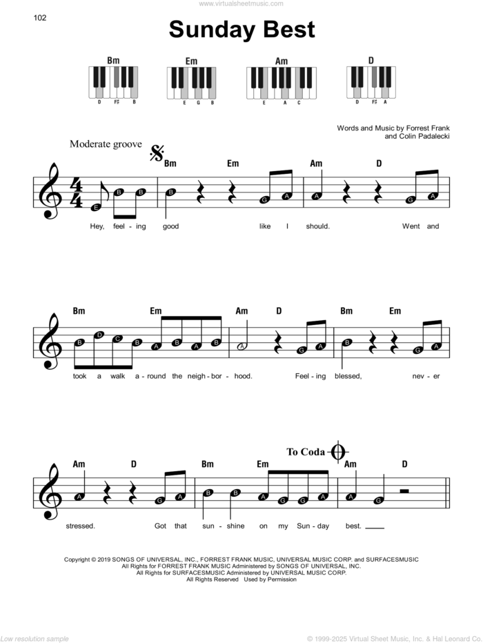Sunday Best, (beginner) sheet music for piano solo by Surfaces, Colin Padalecki and Forrest Frank, beginner skill level