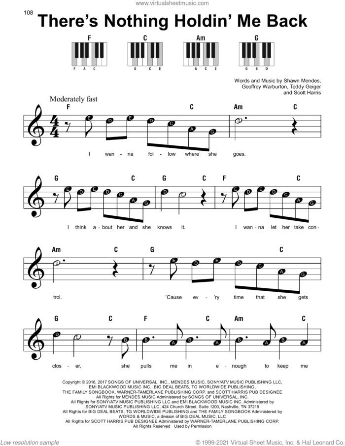 There's Nothing Holdin' Me Back sheet music for piano solo by Shawn Mendes, Geoffrey Warburton, Scott Harris and Teddy Geiger, beginner skill level