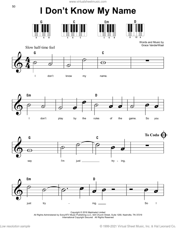 I Don't Know My Name sheet music for piano solo by Grace VanderWaal, beginner skill level