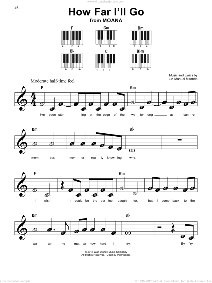How Far I'll Go (from Moana) sheet music for piano solo by Lin-Manuel Miranda and Alessia Cara, beginner skill level