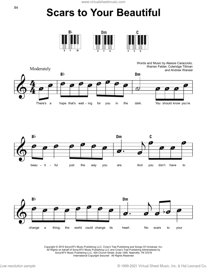 Scars To Your Beautiful, (beginner) sheet music for piano solo by Alessia Cara, Alessia Caracciolo, Andrew Wansel, Coleridge Tillman and Warren Felder, beginner skill level