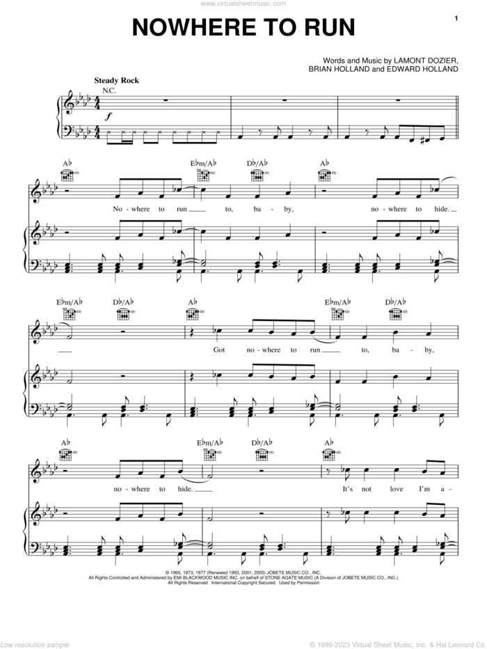 Nowhere To Run sheet music for voice, piano or guitar by Martha & The Vandellas, The Isley Brothers, Brian Holland, Eddie Holland and Lamont Dozier, intermediate skill level