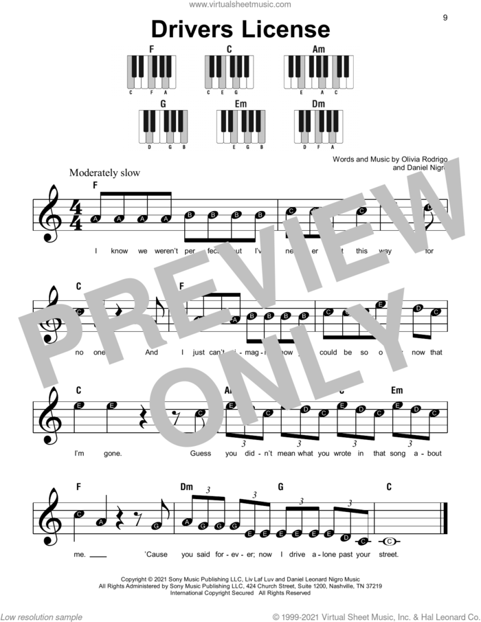 drivers license sheet music for piano solo by Olivia Rodrigo and Daniel Nigro, beginner skill level