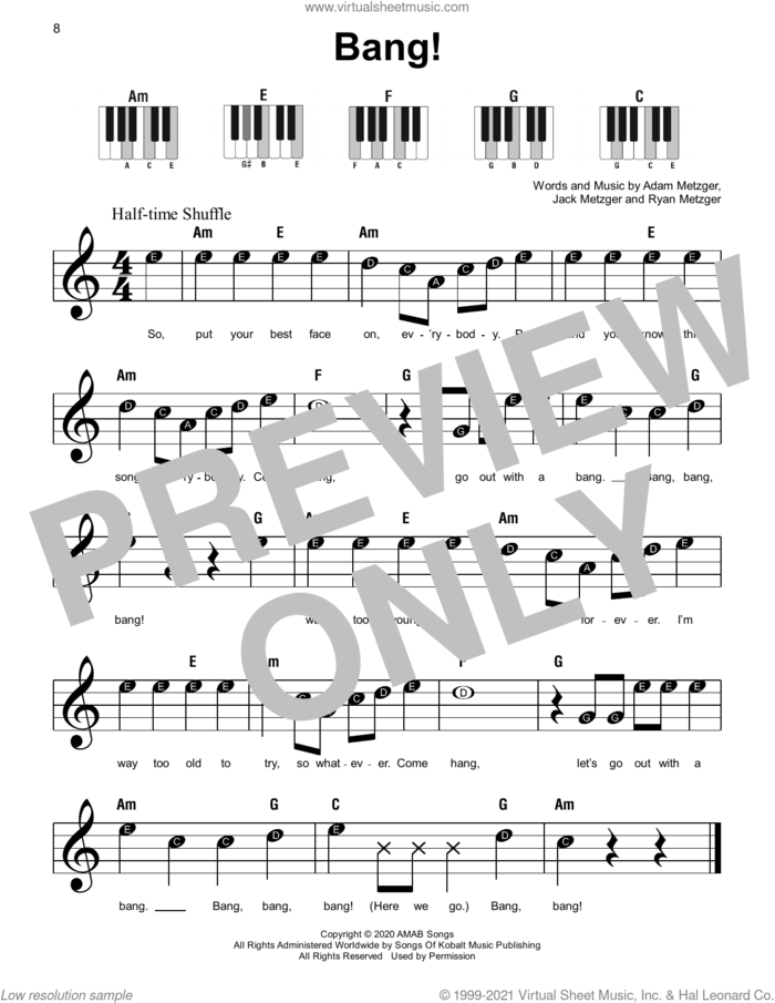 Bang!, (beginner) sheet music for piano solo by AJR, Adam Metzger, Jack Metzger and Ryan Metzger, beginner skill level