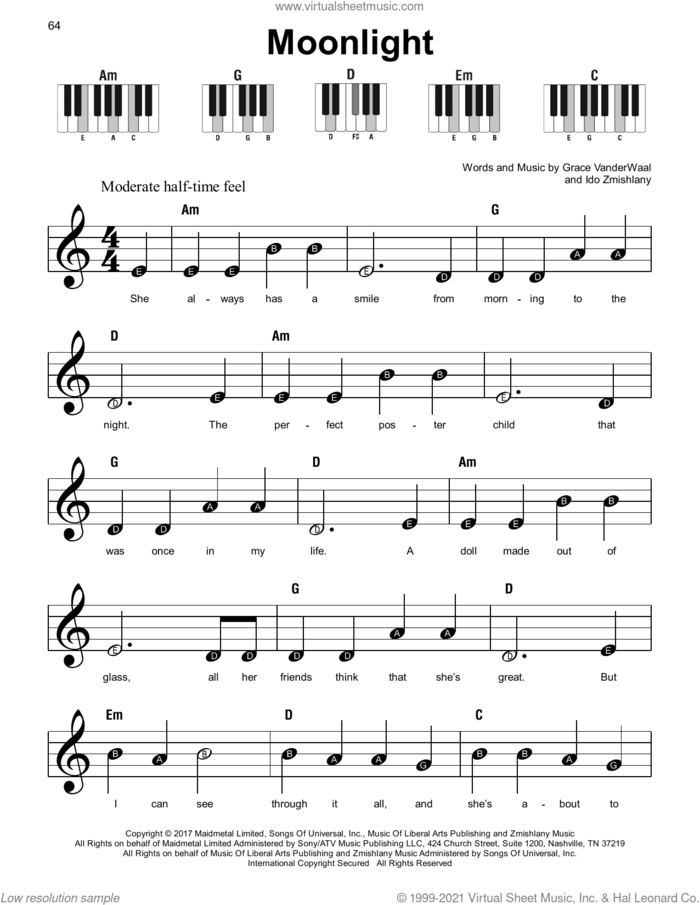 Moonlight, (beginner) sheet music for piano solo by Grace VanderWaal and Ido Zmishlany, beginner skill level