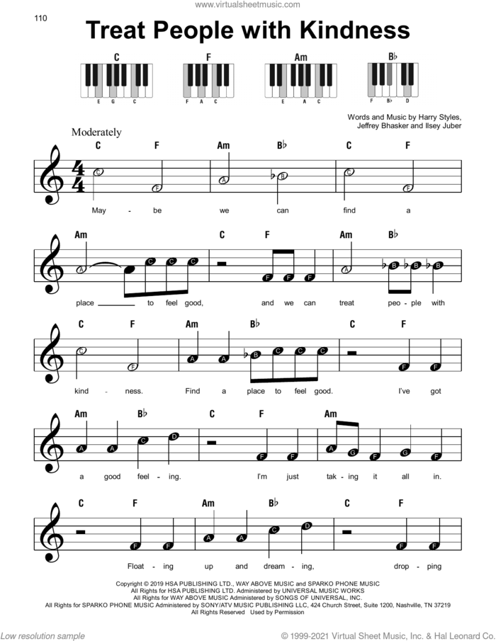 Treat People With Kindness sheet music for piano solo by Harry Styles, Ilsey Juber and Jeff Bhasker, beginner skill level