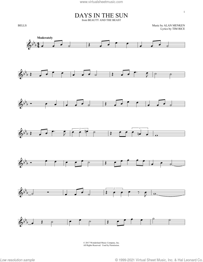 Days In The Sun (from Beauty And The Beast) sheet music for Hand Bells Solo (bell solo) by Alan Menken & Tim Rice, Alan Menken and Tim Rice, intermediate Hand Bells Solo (bell)