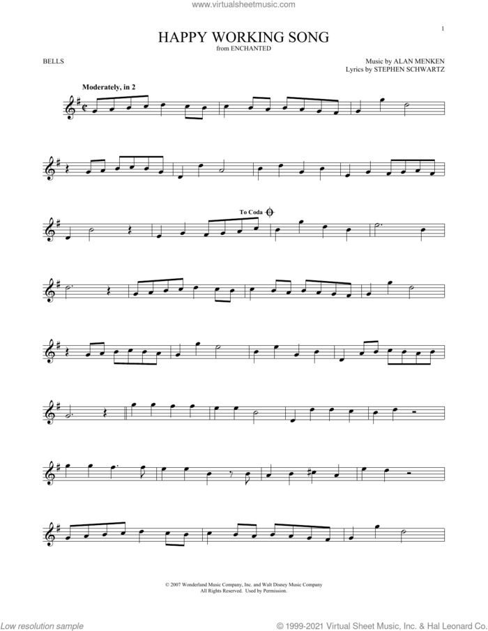 Happy Working Song (from Enchanted) sheet music for Hand Bells Solo (bell solo) by Alan Menken, Amy Adams and Stephen Schwartz, intermediate Hand Bells Solo (bell)